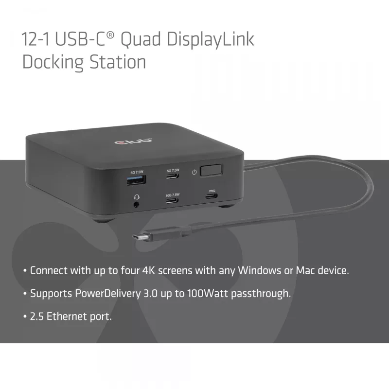 Docking station USB-C Quad DisplayLink CLUB 3D CSV-2542 — 2× DisplayPort 8K60Hz, 2× HDMI 4K60Hz, PD 100W, 2.5G Ethernet