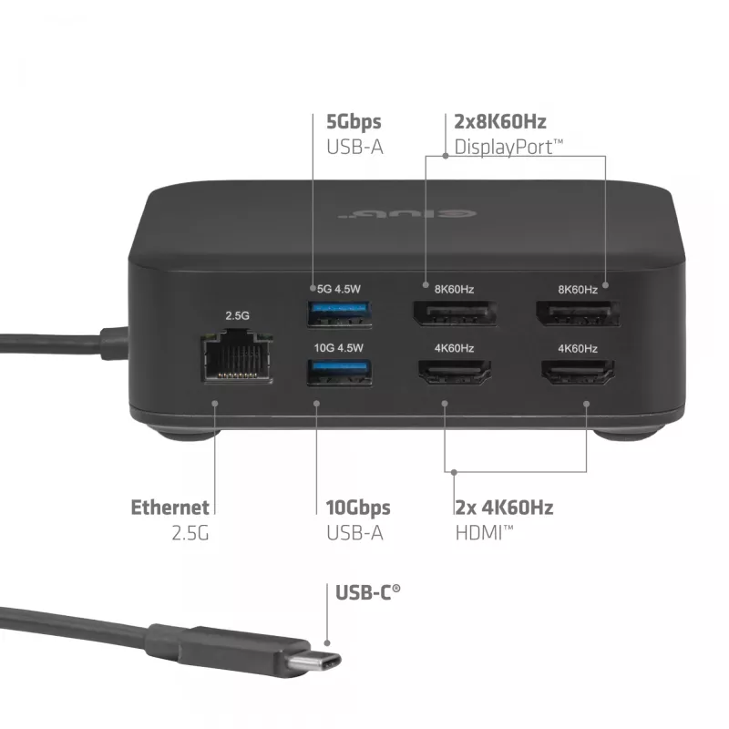 Docking station USB-C Quad DisplayLink CLUB 3D CSV-2542 — 2× DisplayPort 8K60Hz, 2× HDMI 4K60Hz, PD 100W, 2.5G Ethernet