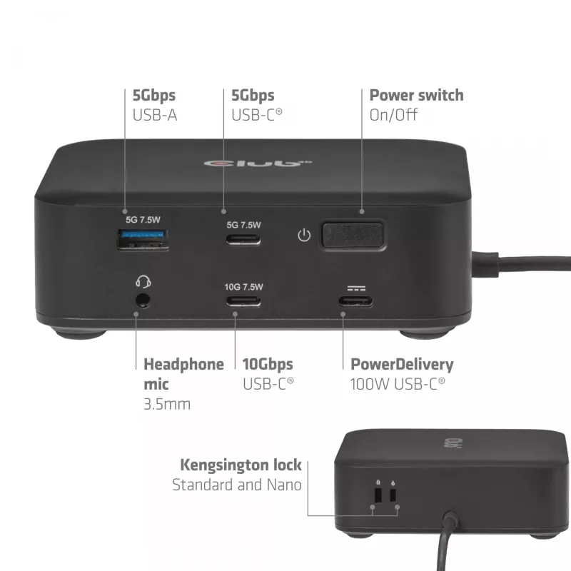 Docking station USB-C Quad DisplayLink CLUB 3D CSV-2542 — 2× DisplayPort 8K60Hz, 2× HDMI 4K60Hz, PD 100W, 2.5G Ethernet