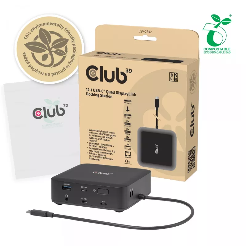 Docking station USB-C Quad DisplayLink CLUB 3D CSV-2542 — 2× DisplayPort 8K60Hz, 2× HDMI 4K60Hz, PD 100W, 2.5G Ethernet