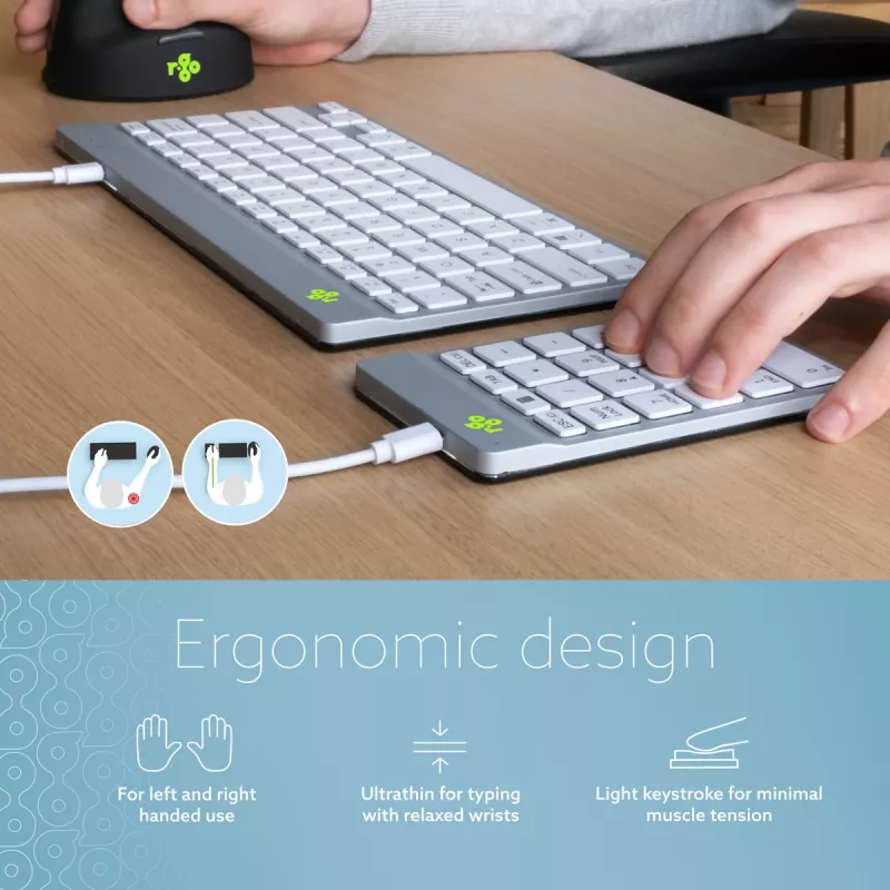 R-Go Tools tastierino numerico R-Go Numpad Break, tastierino numerico ergonomico con software per le pause, con filo, bianco