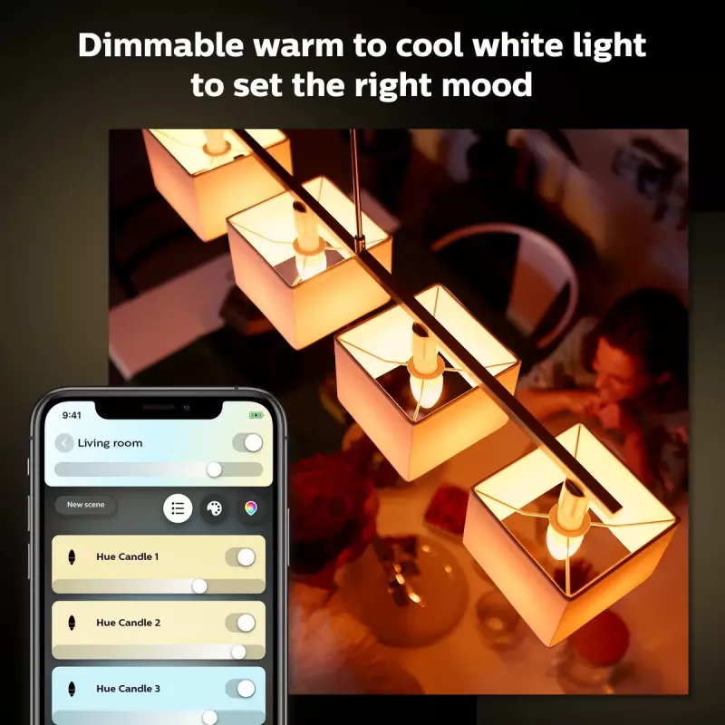 Lampada intelligente Philips Hue White Candle E14, Bluetooth, 6 kWh/1000h, AC, bianco, dimensioni 72×55×174 mm