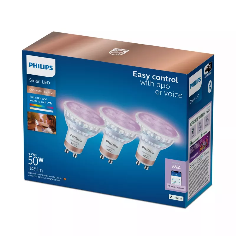 WiZ Philips Smart WiFi Spot PAR16 RGB GU10, confezione da 3, Full Colour