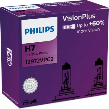 Philips VisionPlus 12972VPC2 Più sicurezza e comfort, 55 W, 12 V, H7, alogena, 2 pezzi