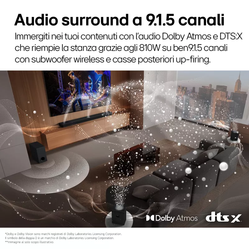 Soundbar LG S95TR 9.1.5 canali 810 W RMS con subwoofer wireless 220 W, nero