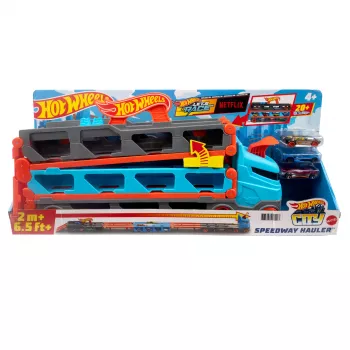 Hot Wheels City Speedway Hauler Carrier con 3 auto giocattolo, set veicoli, 4 anno/i, plastica, grigio, multicolore