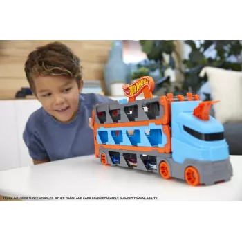 Hot Wheels City Speedway Hauler Carrier con 3 auto giocattolo, set veicoli, 4 anno/i, plastica, grigio, multicolore