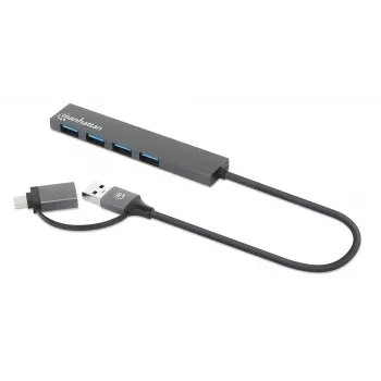 Manhattan dock/hub combo USB-C e USB-A, porte (4): USB-A (x4), 5 Gbps (USB 3.2 Gen1 alias USB 3.0), alimentato via USB (nessun alimentatore esterno necessario), cavo 25 cm