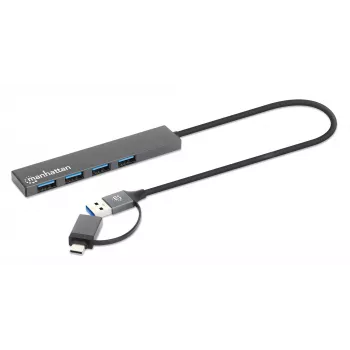 Manhattan dock/hub combo USB-C e USB-A, porte (4): USB-A (x4), 5 Gbps (USB 3.2 Gen1 alias USB 3.0), alimentato via USB (nessun alimentatore esterno necessario), cavo 25 cm