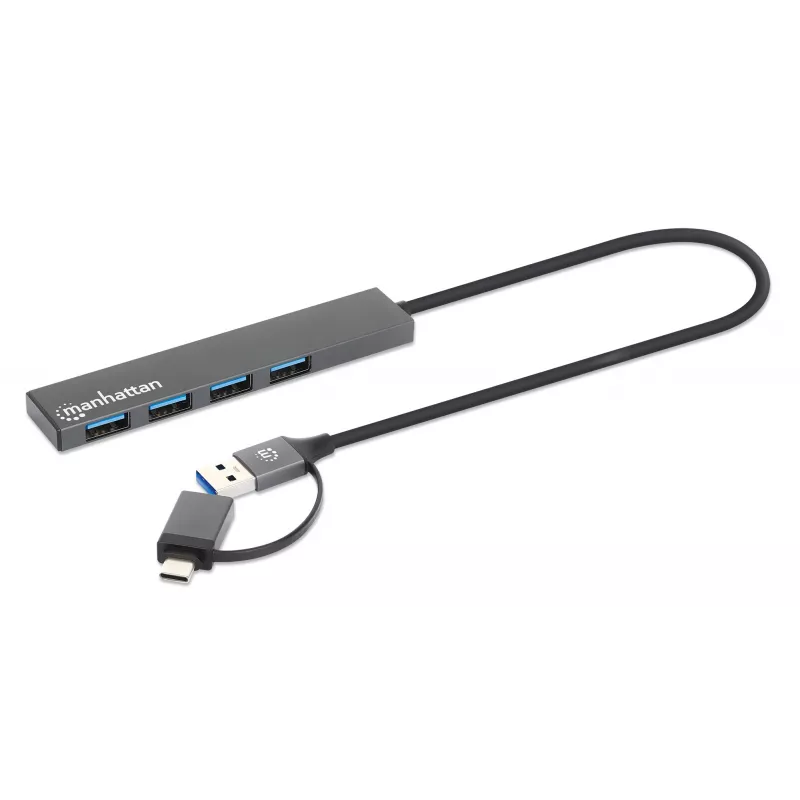 Manhattan dock/hub combo USB-C e USB-A, porte (4): USB-A (x4), 5 Gbps (USB 3.2 Gen1 alias USB 3.0), alimentato via USB (nessun alimentatore esterno necessario), cavo 25 cm