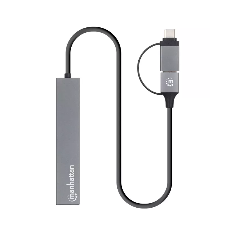 Manhattan dock/hub combo USB-C e USB-A, porte (4): USB-A (x4), 5 Gbps (USB 3.2 Gen1 alias USB 3.0), alimentato via USB (nessun alimentatore esterno necessario), cavo 25 cm