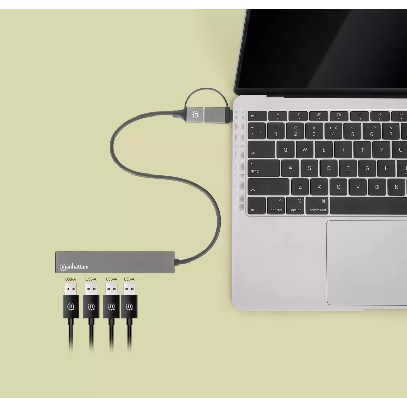 Manhattan dock/hub combo USB-C e USB-A, porte (4): USB-A (x4), 5 Gbps (USB 3.2 Gen1 alias USB 3.0), alimentato via USB (nessun alimentatore esterno necessario), cavo 25 cm