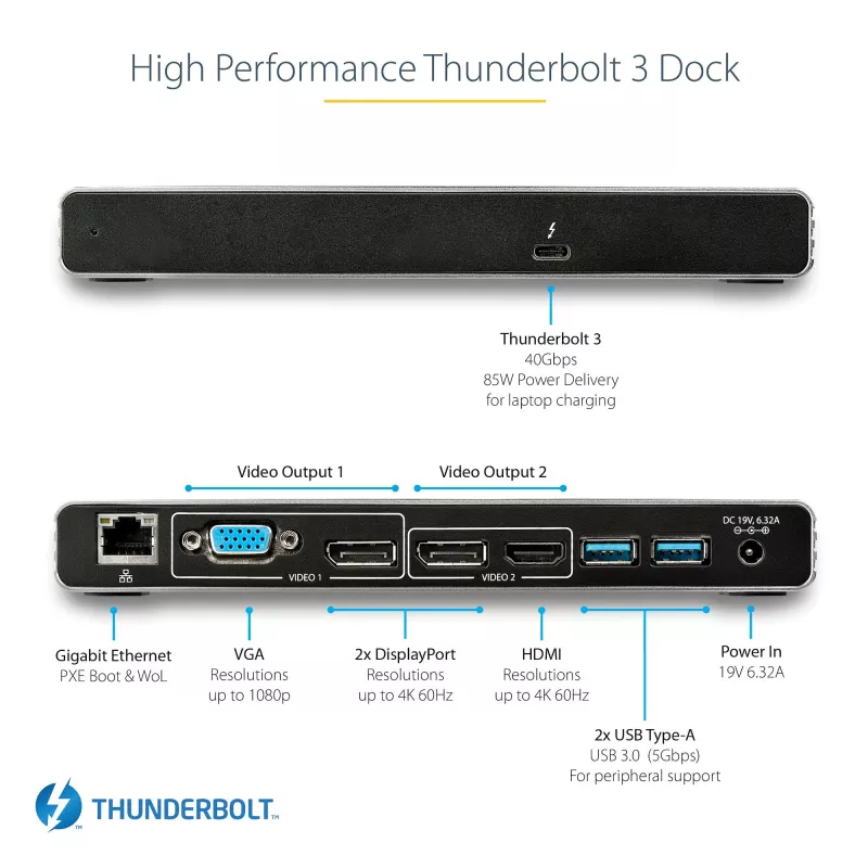 StarTech.com Thunderbolt 3 Dock – Docking station per laptop TB3 con doppio monitor 4K-6 a 60 Hz, DisplayPort, HDMI e VGA 1080p – 85 W Power Delivery e ricarica – 2x USB-A, Ethernet – Mac e Windows