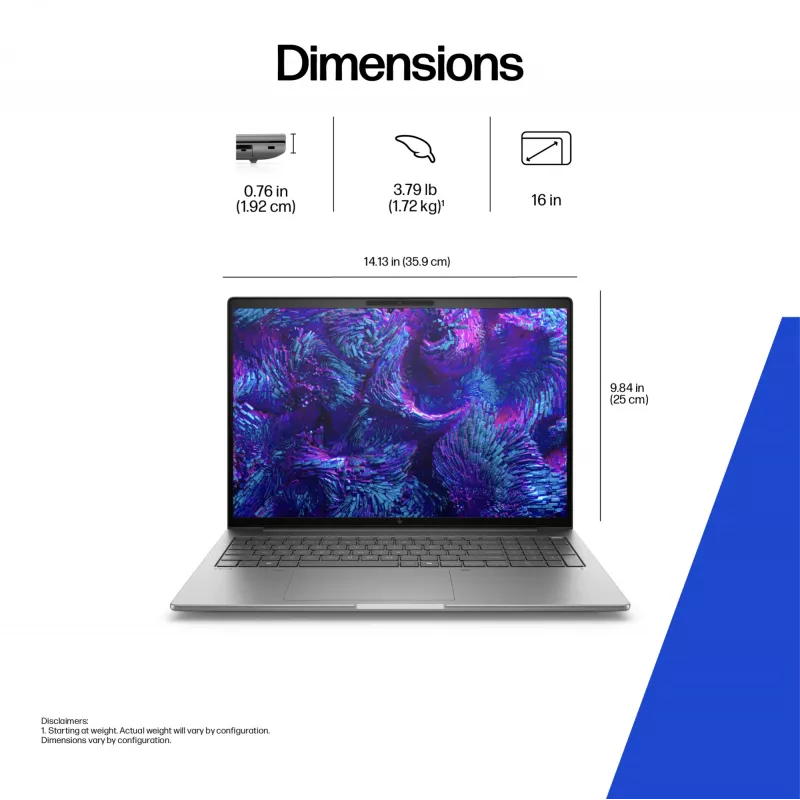 HP ZBook 8 G1i workstation mobile da 16 pollici, Intel Core Ultra 7 255H, 32GB, 1TB SSD, NVIDIA RTX 500 Ada 4GB, Windows 11 Pro