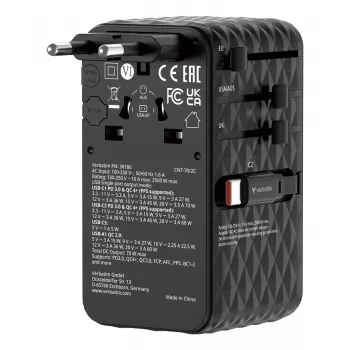 Verbatim Charge 'n' Travel 70W 2C adattatore universale da viaggio con cavo retrattile nero