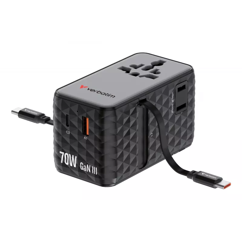 Verbatim Charge 'n' Travel 70W 2C adattatore universale da viaggio con cavo retrattile nero