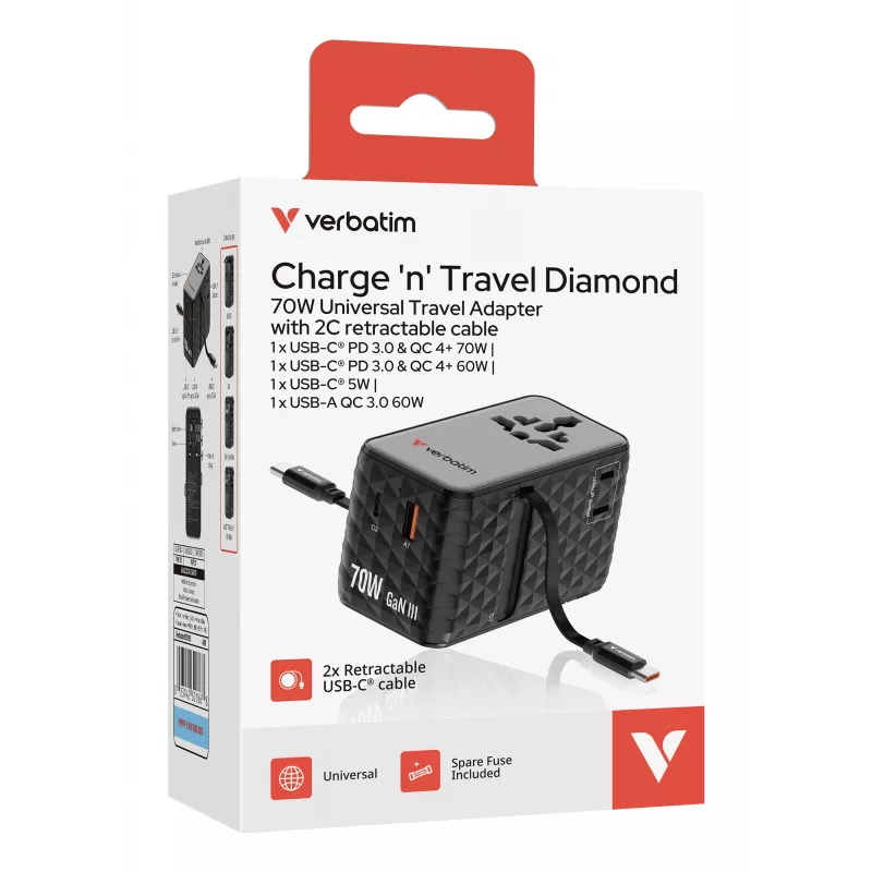 Verbatim Charge 'n' Travel 70W 2C adattatore universale da viaggio con cavo retrattile nero