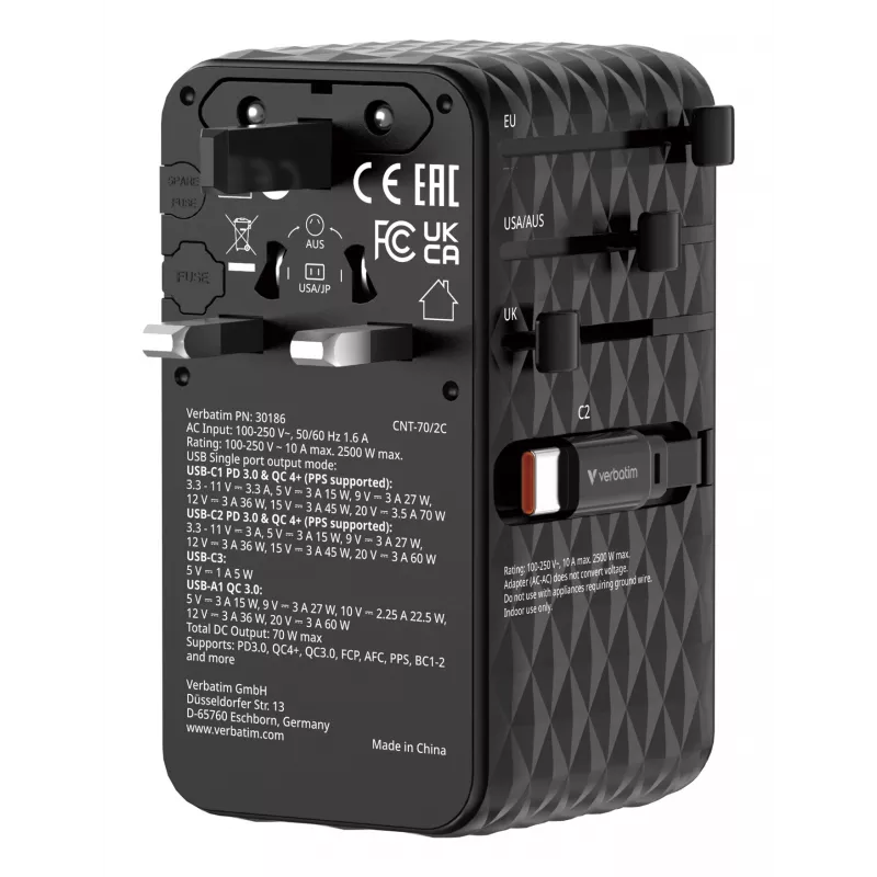 Verbatim Charge 'n' Travel 70W 2C adattatore universale da viaggio con cavo retrattile nero