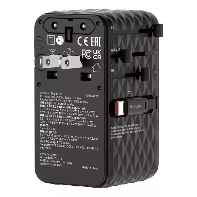 Verbatim Charge 'n' Travel 70W 2C adattatore universale da viaggio con cavo retrattile nero