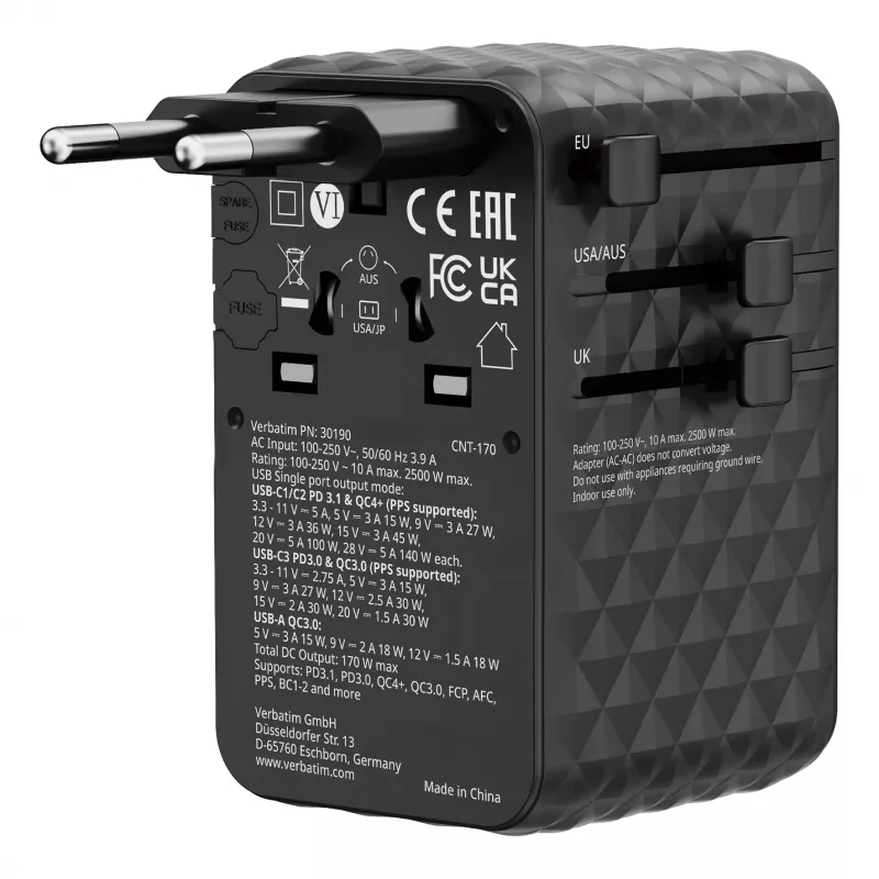 Verbatim Charge 'n' Travel 170W adattatore universale da viaggio nero