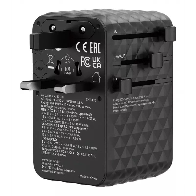 Verbatim Charge 'n' Travel 170W adattatore universale da viaggio nero