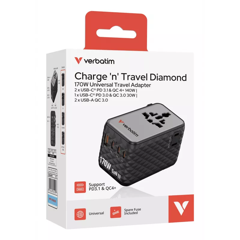 Verbatim Charge 'n' Travel 170W adattatore universale da viaggio nero