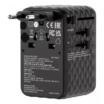 Verbatim Charge 'n' Travel 100W adattatore universale da viaggio con cavo retrattile nero