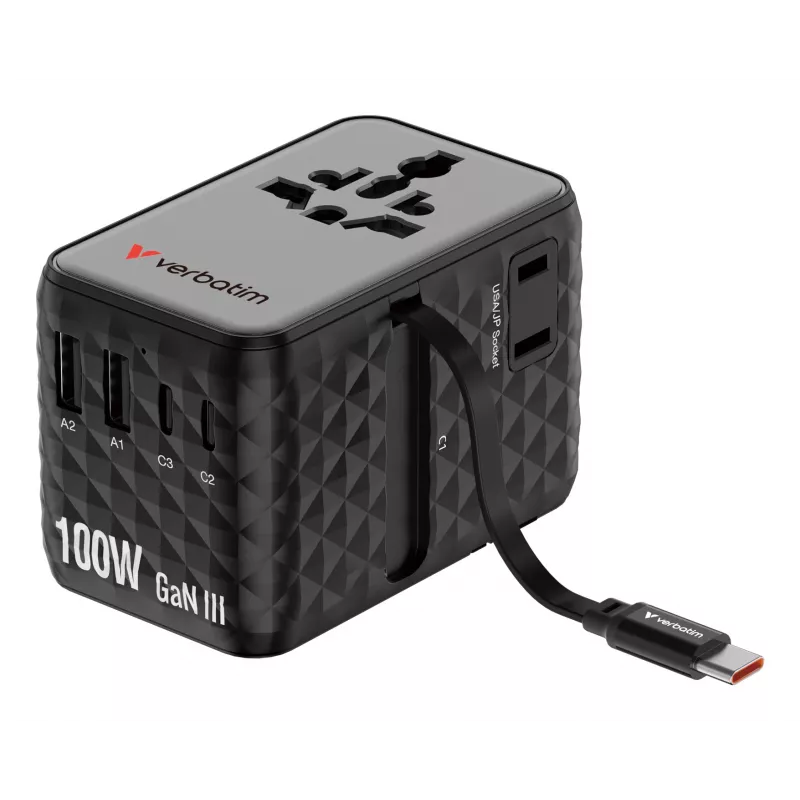 Verbatim Charge 'n' Travel 100W adattatore universale da viaggio con cavo retrattile nero