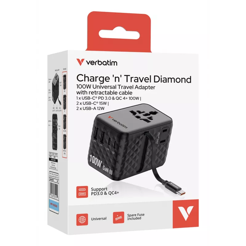 Verbatim Charge 'n' Travel 100W adattatore universale da viaggio con cavo retrattile nero