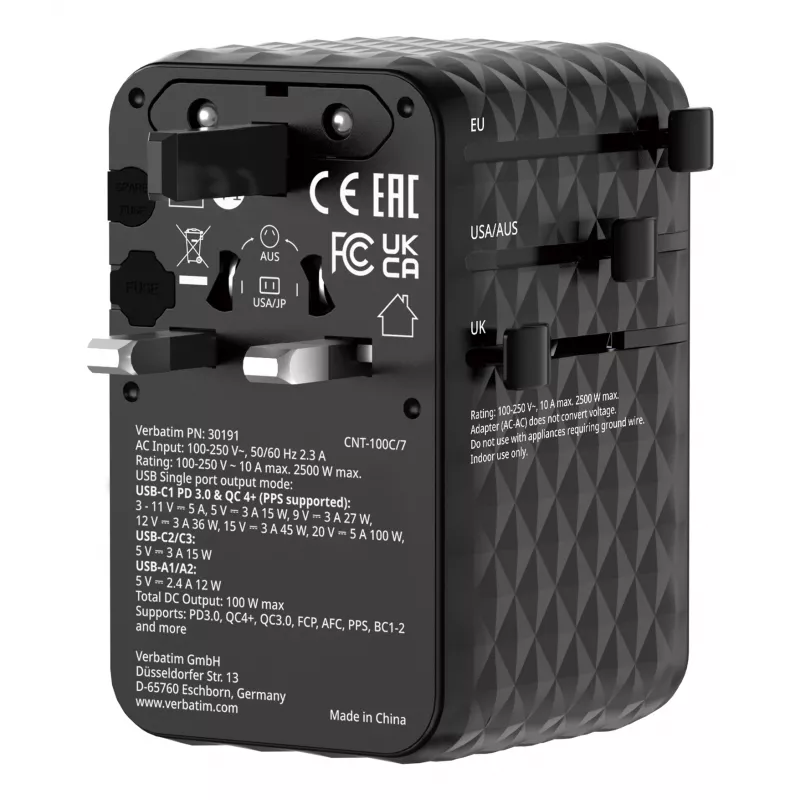 Verbatim Charge 'n' Travel 100W adattatore universale da viaggio con cavo retrattile nero