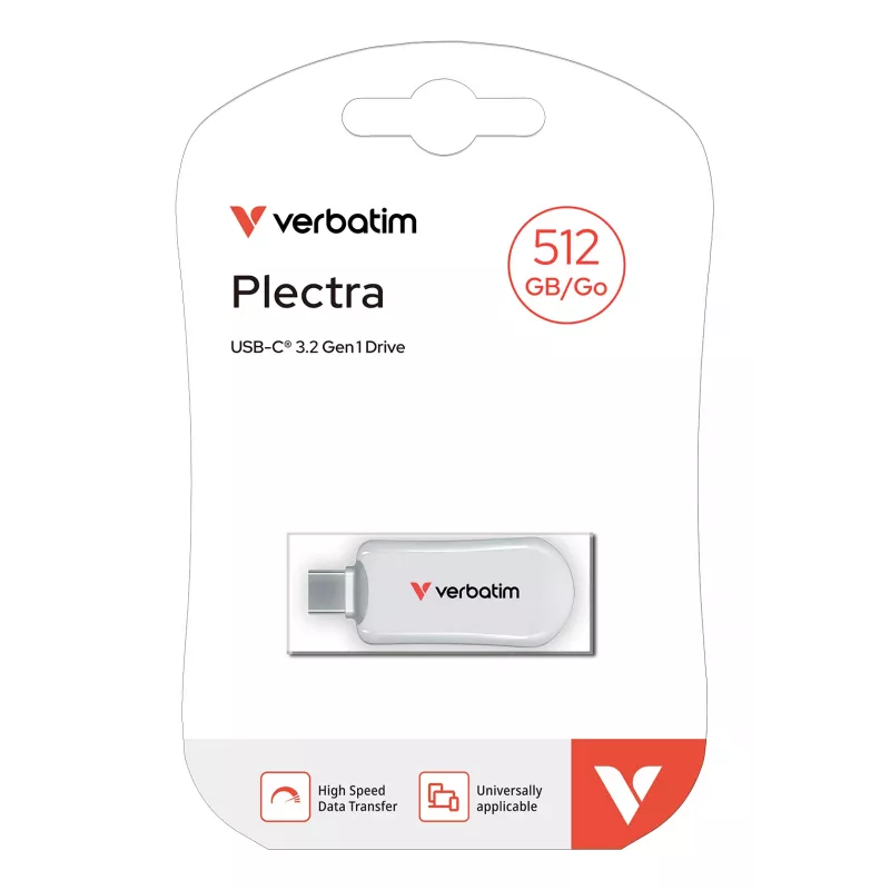 Chiavetta USB-C Verbatim Plectra bianca 512GB, 512 GB, USB Type-C, 3.2 Gen 1 (3.1 Gen 1), 100 MB/s, senza cappuccio, bianca