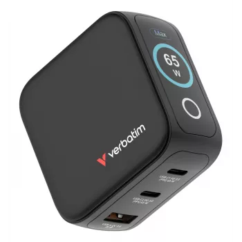 Caricabatterie mini GaN Verbatim 65W con display, interno, AC, 20 V, nero