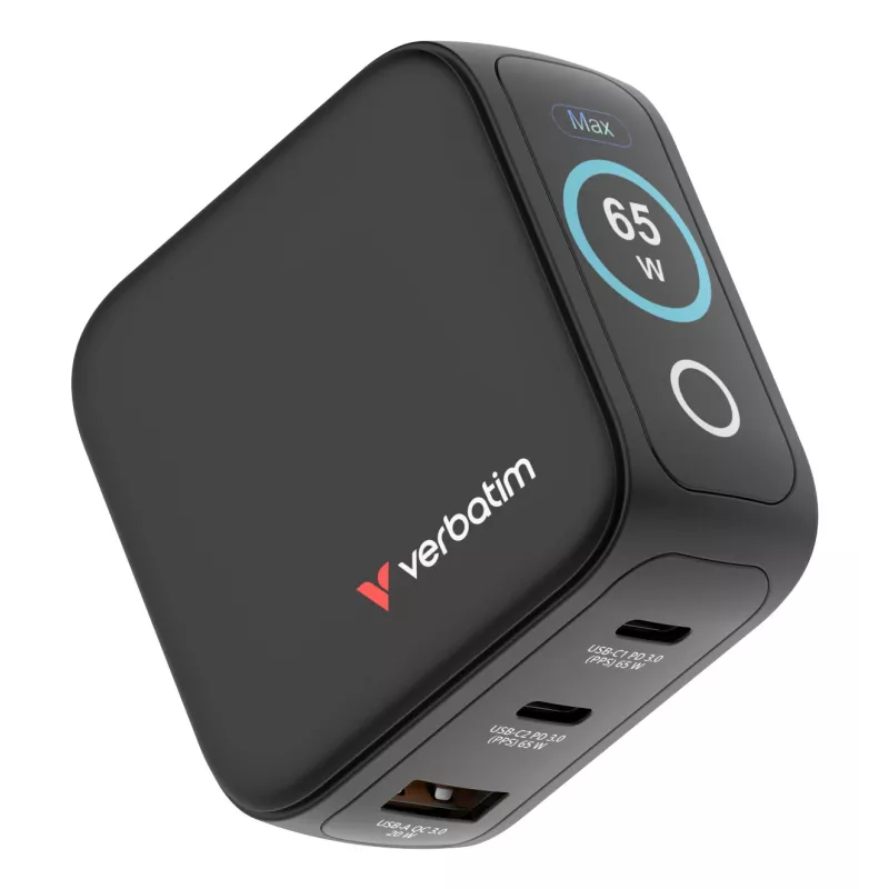 Caricabatterie mini GaN Verbatim 65W con display, interno, AC, 20 V, nero