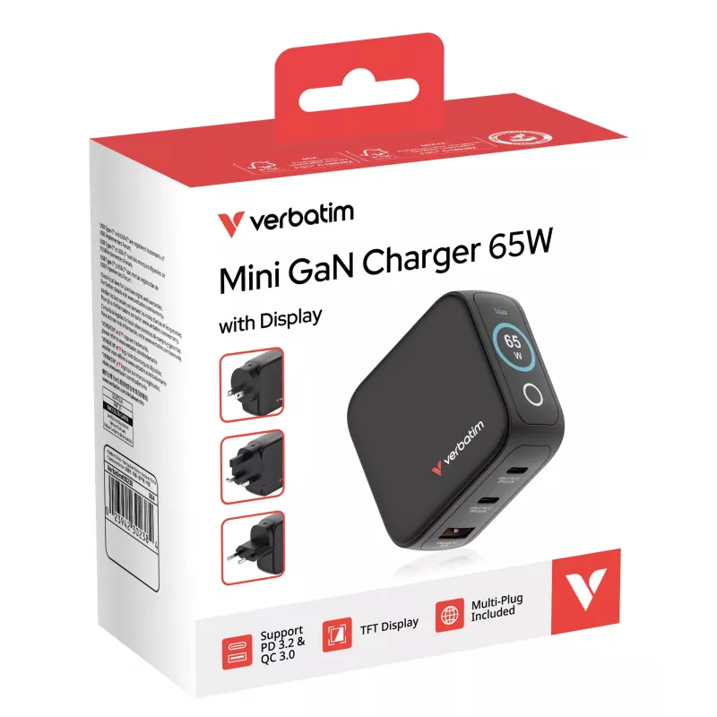 Caricabatterie mini GaN Verbatim 65W con display, interno, AC, 20 V, nero