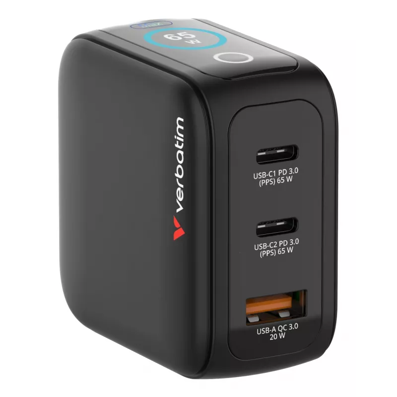 Caricabatterie mini GaN Verbatim 65W con display, interno, AC, 20 V, nero