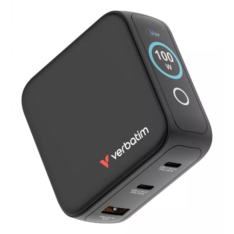 Caricabatterie mini GaN Verbatim 100W con display, interno, AC, 20 V, nero