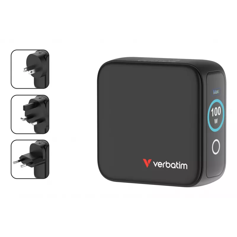 Caricabatterie mini GaN Verbatim 100W con display, interno, AC, 20 V, nero