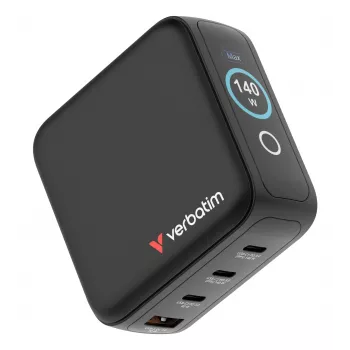 Caricabatterie mini GaN Verbatim 140W con display, interno, AC, 28 V, nero