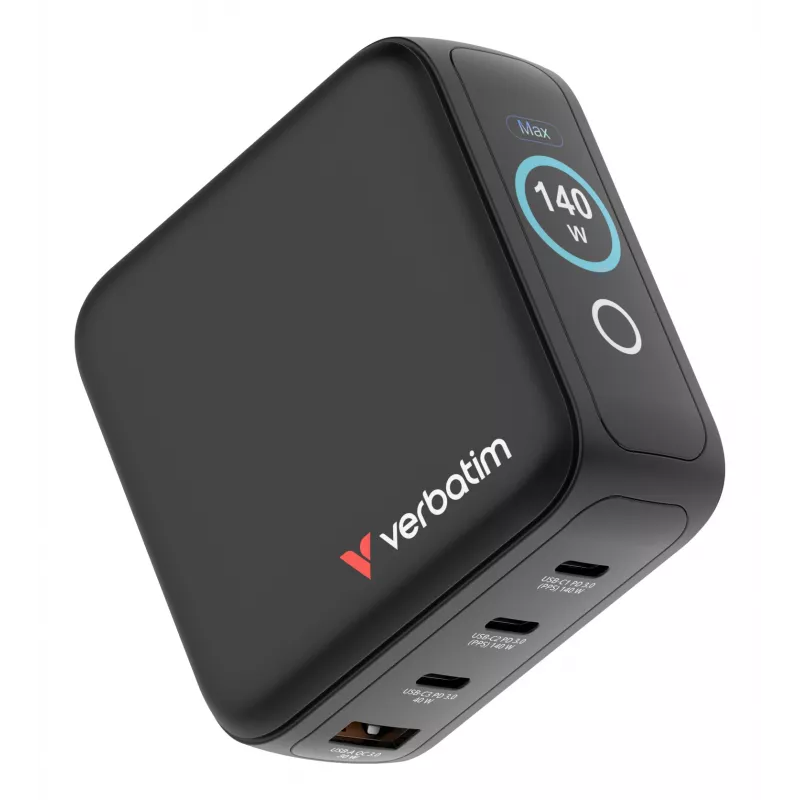 Caricabatterie mini GaN Verbatim 140W con display, interno, AC, 28 V, nero