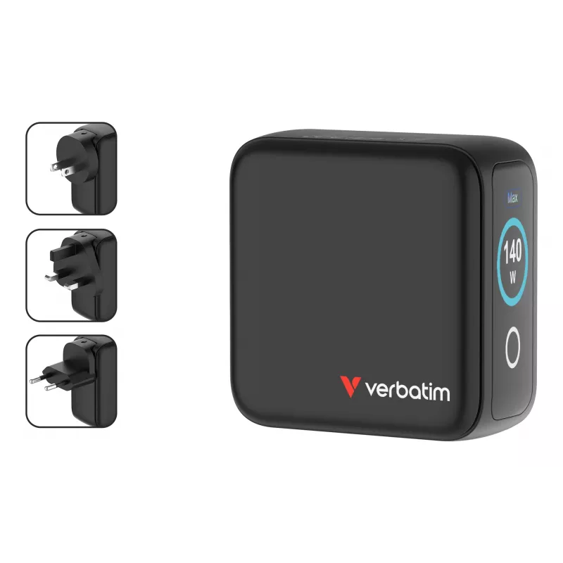 Caricabatterie mini GaN Verbatim 140W con display, interno, AC, 28 V, nero