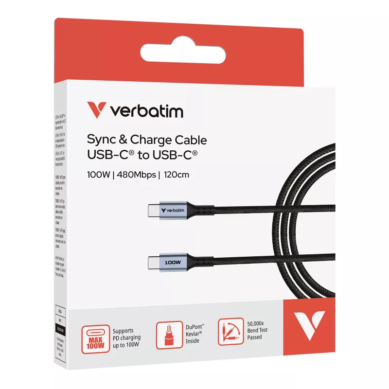 Verbatim Sync & Charge cavo – 100W USB-C a USB-C 120 cm, 1,2 m, USB C, USB C, USB 2.0, 0,48 Gbit/s, nero