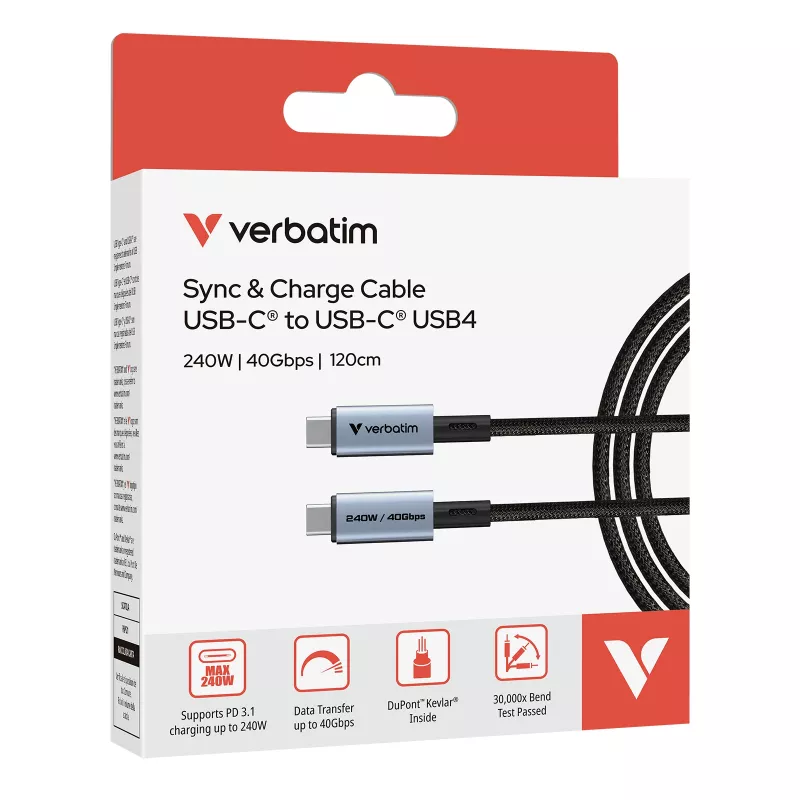 Verbatim Sync & Charge USB C a USB C 240W 40 Gbit/s 120 cm, 1,2 m, USB C, USB C, USB4 Gen 2x2, 40 Gbit/s, nero
