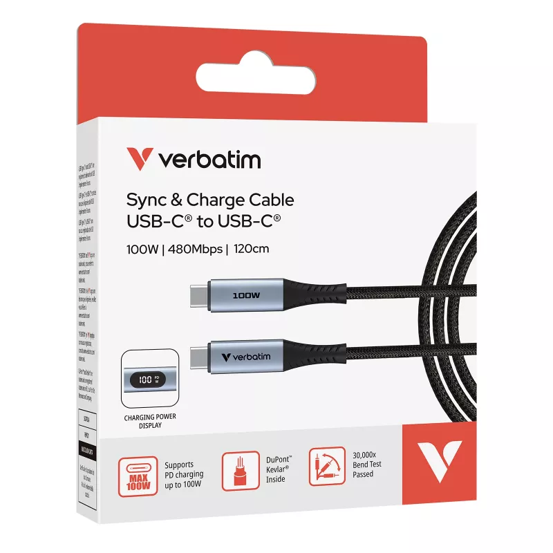 Verbatim Sync & Charge USB C a USB C 100W display 120 cm, 1,2 m, USB C, USB C, USB 2.0, 0,48 Gbit/s, nero