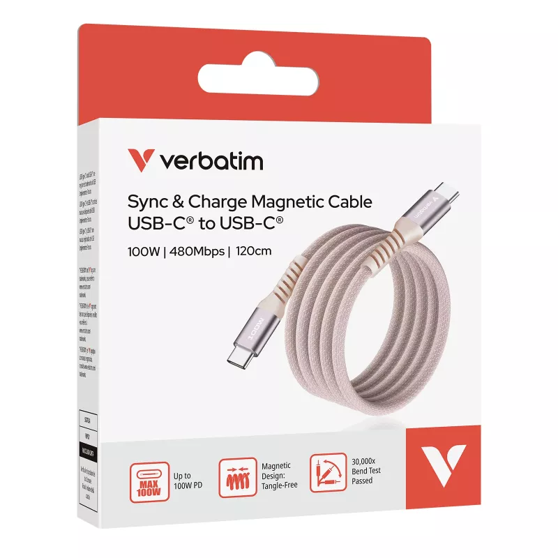 Verbatim Sync & Charge cavo magnetico – 100W USB-C a USB-C, 120 cm, rosa