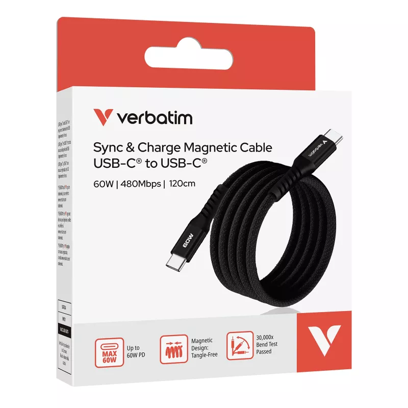 Verbatim Sync & Charge cavo magnetico – 60 W USB-C a USB-C, 120 cm, nero