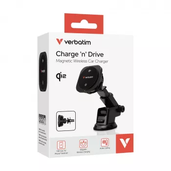 Verbatim Charge 'n' Drive Qi2 caricabatterie wireless magnetico per auto, auto, USB, ricarica wireless, 1 m, nero