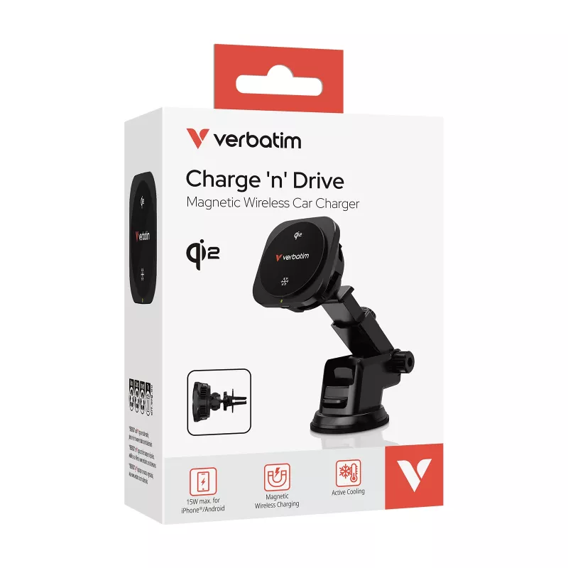 Verbatim Charge 'n' Drive Qi2 caricabatterie wireless magnetico per auto, auto, USB, ricarica wireless, 1 m, nero