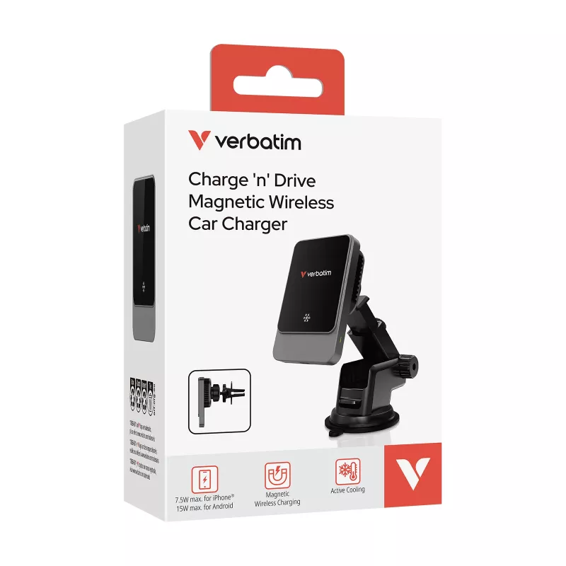 Verbatim Charge 'n' Drive caricabatterie magnetico wireless per auto, auto, USB, ricarica wireless, 1 m, nero