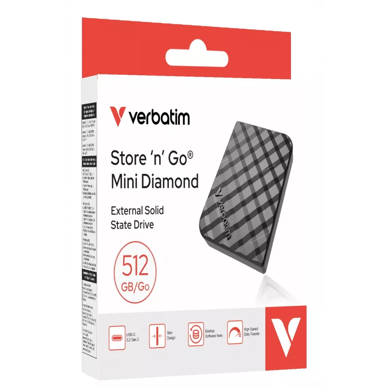 Verbatim Store 'n' Go Mini Diamond USB-C 512GB nero, 512 GB, M.2, USB Type-C, 3.2 Gen 2 (3.1 Gen 2), 1000 MB/s, nero