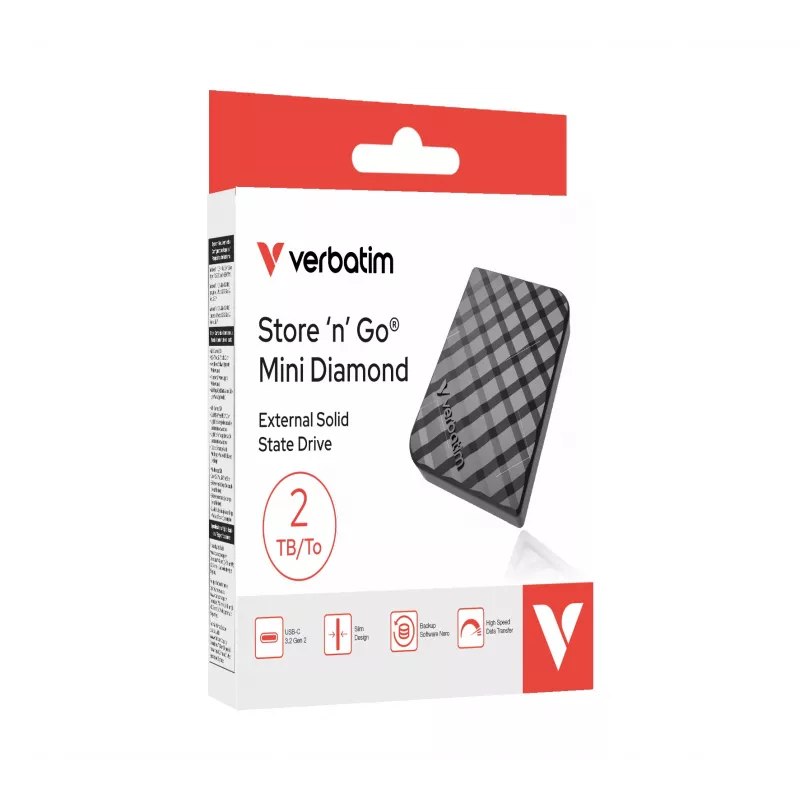 Verbatim Store 'n' Go Mini Diamond USB-C 2TB nero, 2 TB, USB Type-C, 3.2 Gen 2 (3.1 Gen 2), 1000 MB/s, nero